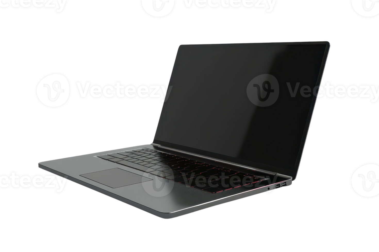 Sleek modern laptop with black design, open on glossy surface. Ideal for technology, business, and productivity concepts. png