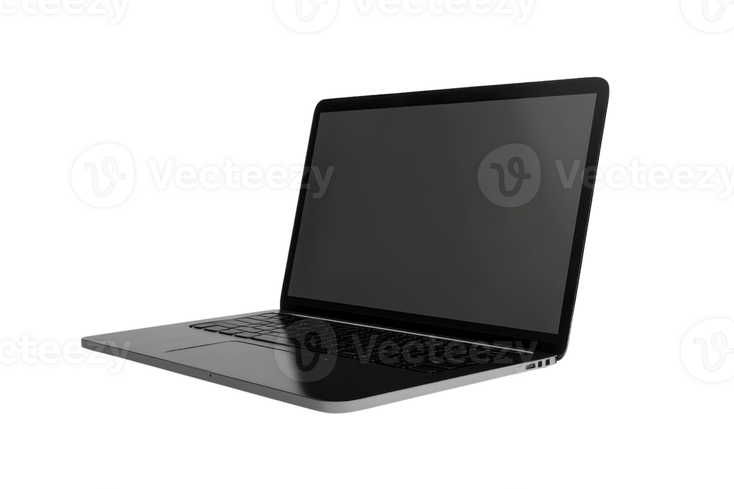 Sleek, modern laptop with a black screen open at an angle, perfect for business, work from home, or casual use. png