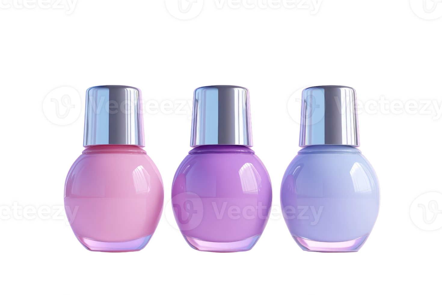 Three colorful nail polish bottles in pink, purple, and blue shades with silver caps, isolated on a transparent background. Perfect for beauty and fashion projects. png