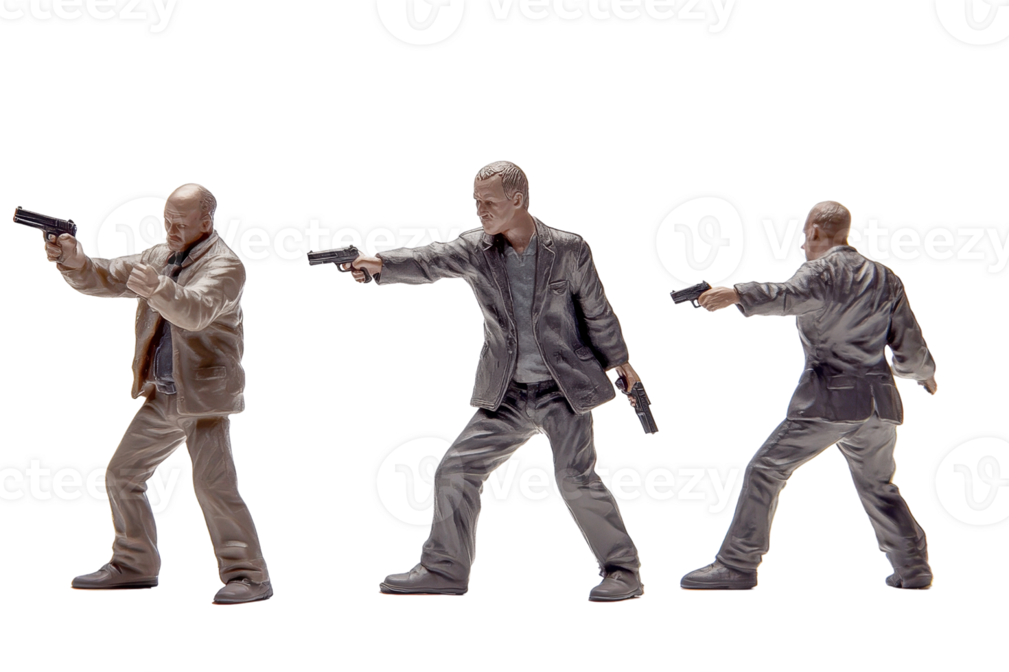 Three action figures depicting men in shooting stance with guns drawn, isolated on transparent background. png