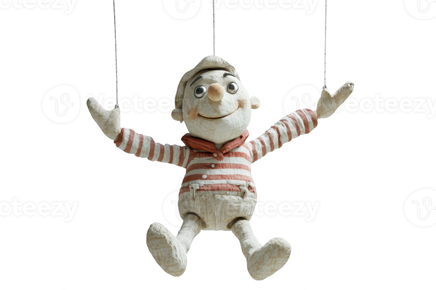 Vintage wooden marionette puppet with striped shirt and shorts on strings isolated on transparent background. png