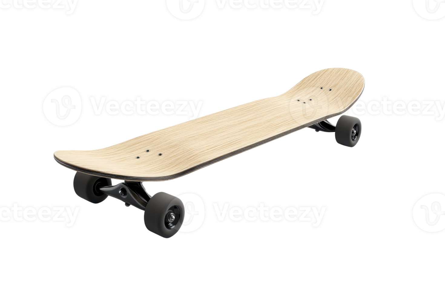 Wooden skateboard with black wheels on a transparent background. showcasing modern design and quality craftsmanship for outdoor activities. png