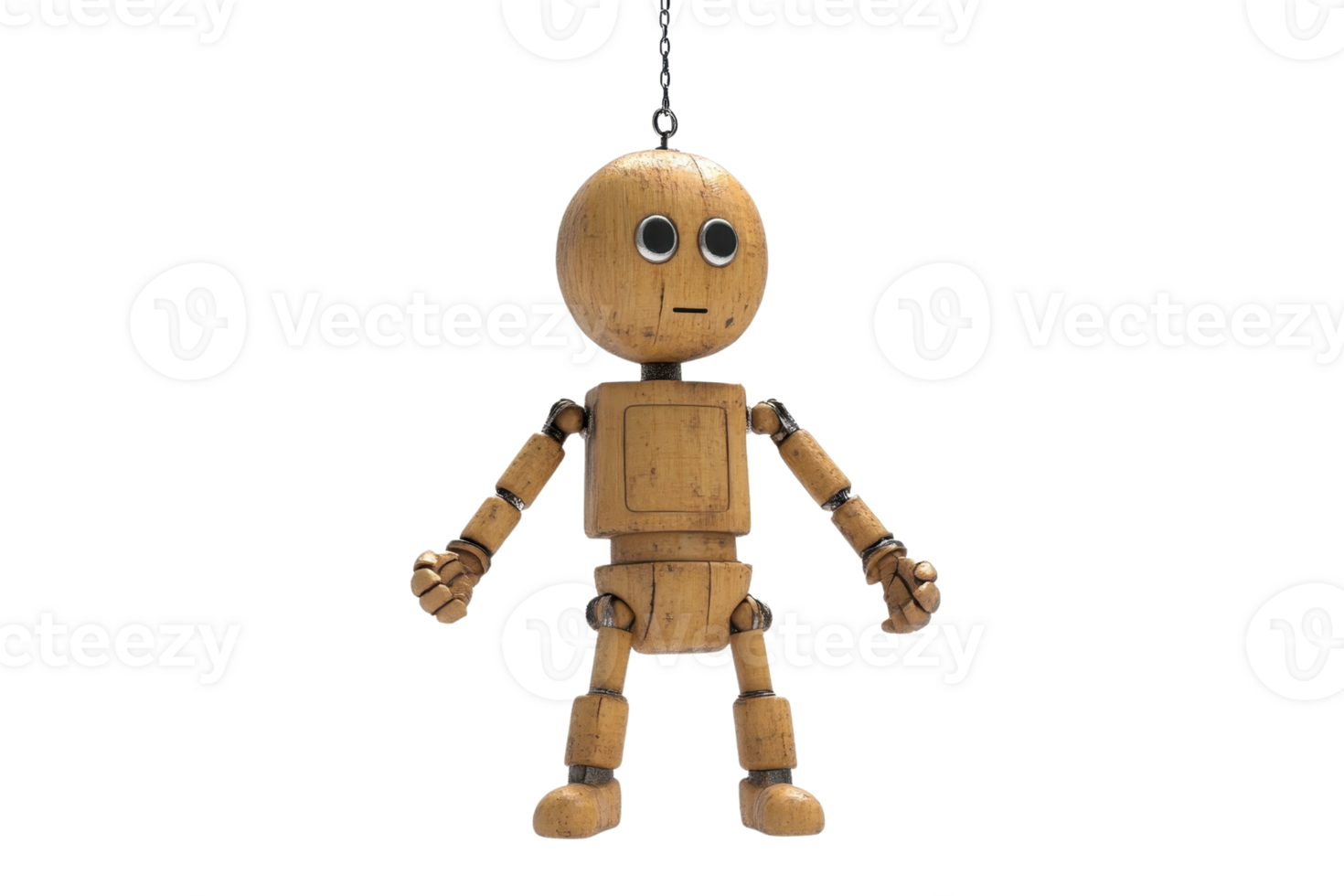 Wooden robot figurine with expressive eyes hanging from a chain. A unique and creative design capturing craftsmanship and imagination. png