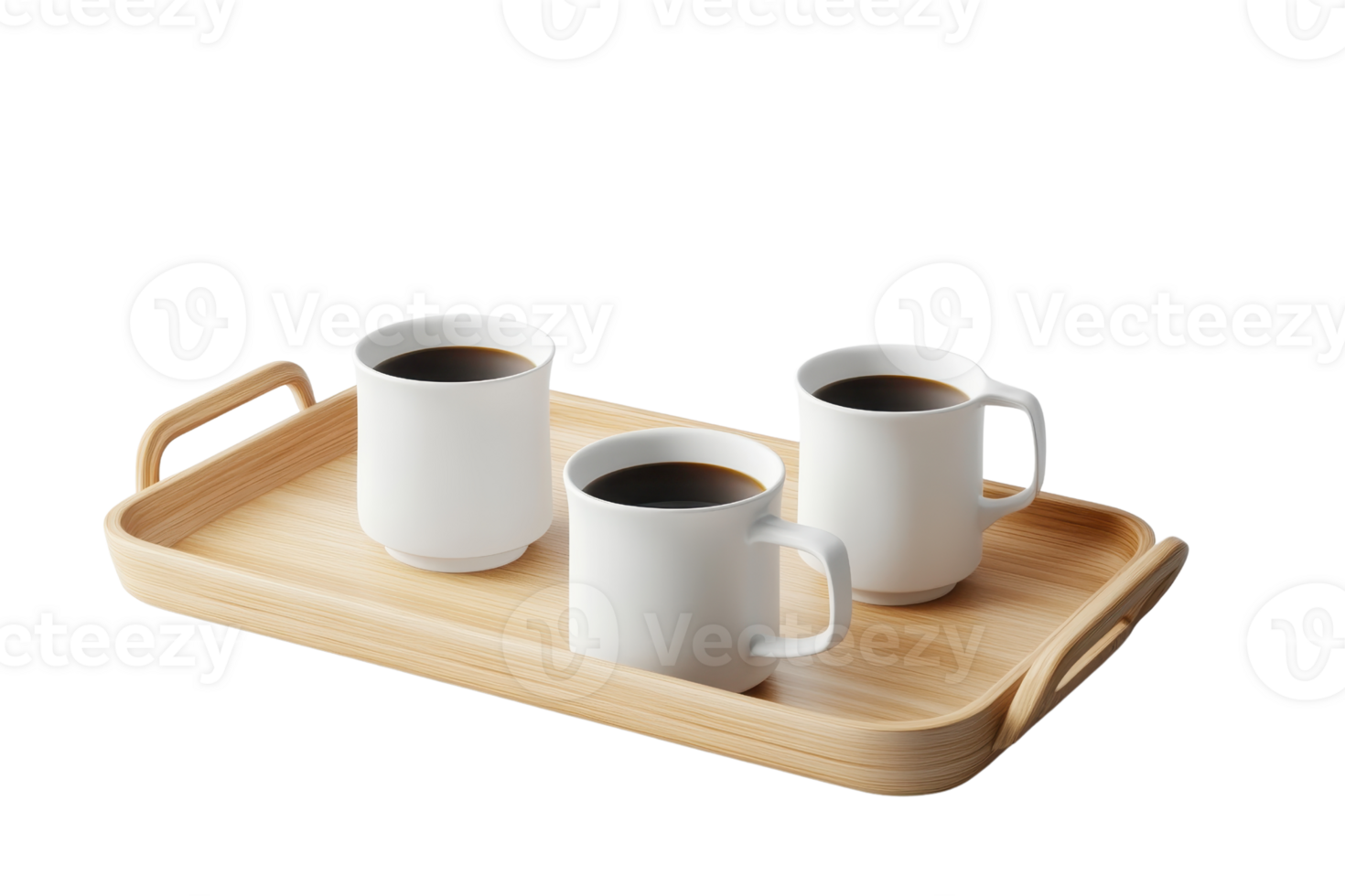 Wooden tray with three white coffee cups filled with black coffee, isolated on transparent background. showcasing elegant tableware and beverage concept. png