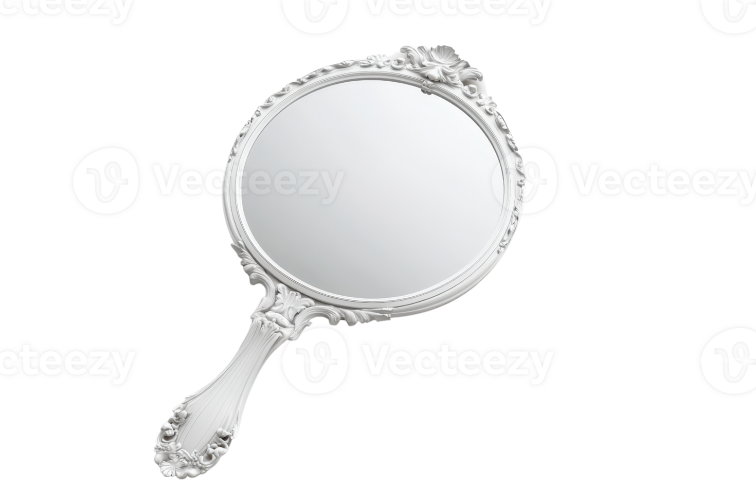 Elegant handheld mirror with ornate silver design, isolated on a transparent background. perfect for beauty and antique themed projects. png