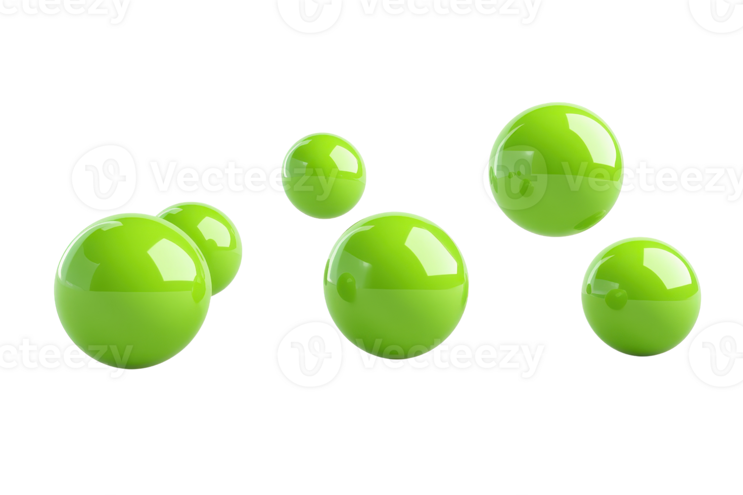 Bright green glossy spheres floating in the air, isolated on transparent background. Modern abstract 3D rendering for tech and design use. png