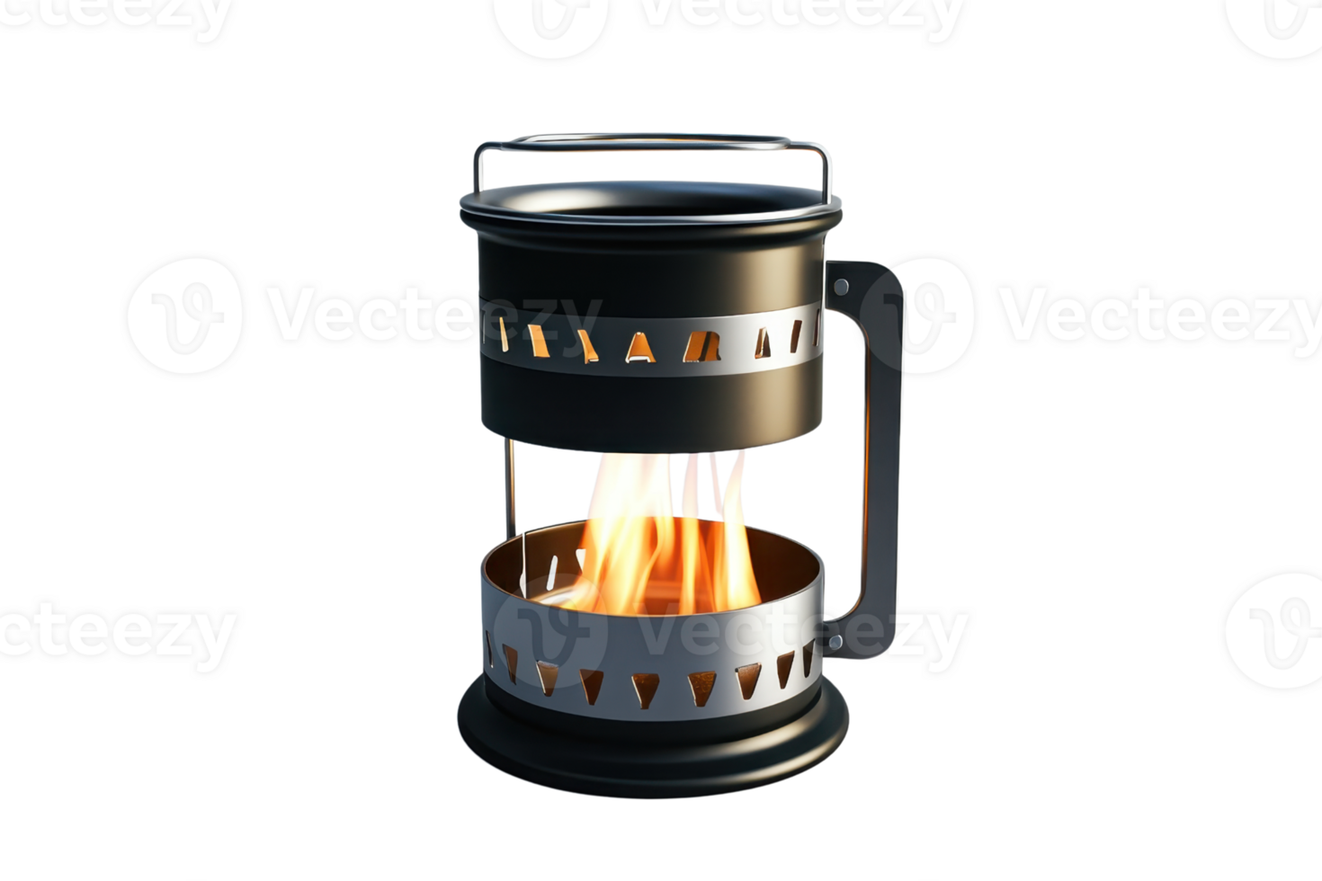 Portable black metal camping stove with a burning flame, perfect for outdoor adventures and cooking in nature. png