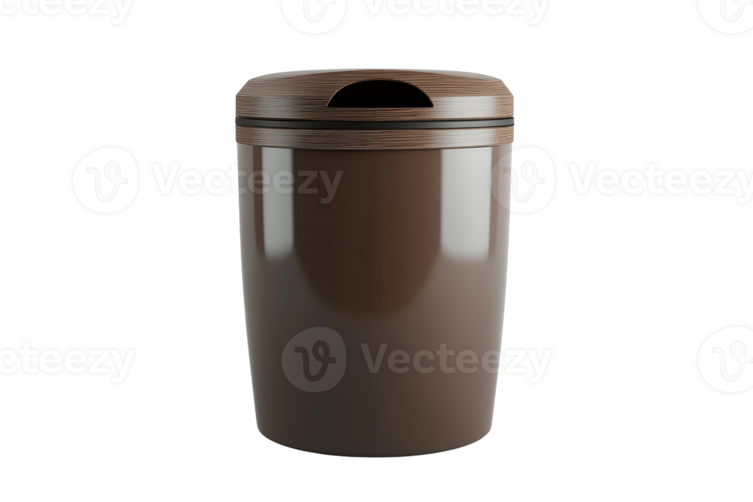 A sleek, brown plastic trash can with a round lid, ideal for home or office use. Modern design complements any setting. Durable and easy to clean. png