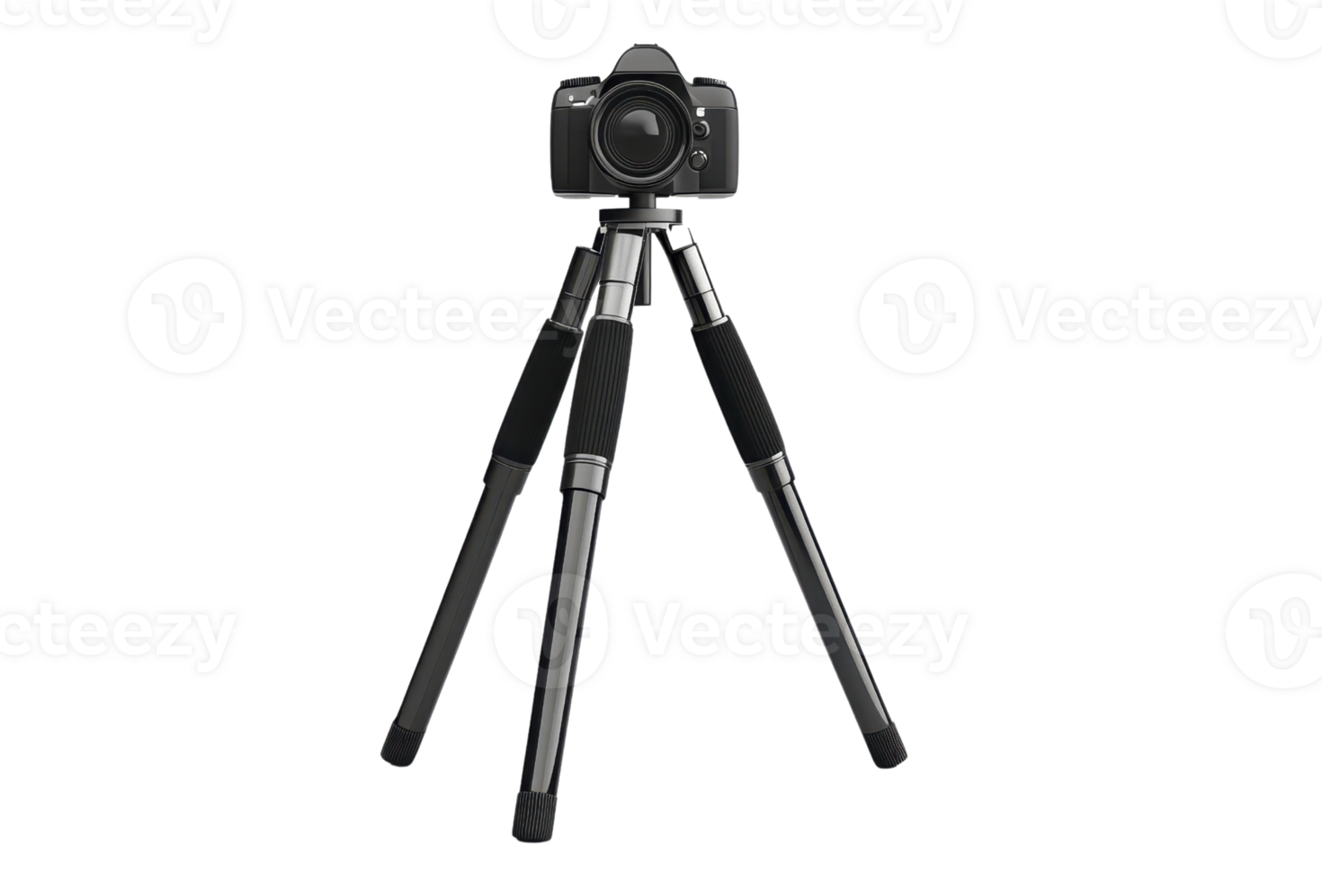 A professional DSLR camera mounted on a sturdy tripod, perfect for photography and stable shooting, isolated on a transparent background. png