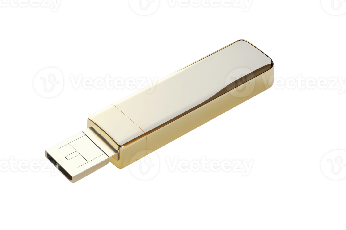Gold USB flash drive isolated on transparent background. ideal for data storage, transfer, and backup in a sleek, stylish design. png