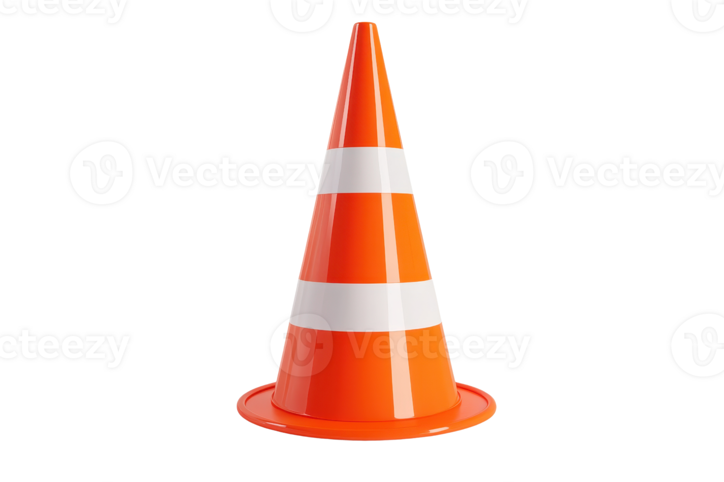 Orange traffic cone with white stripes, often used in construction zones, road safety, and hazard areas for visual warnings and barriers. png