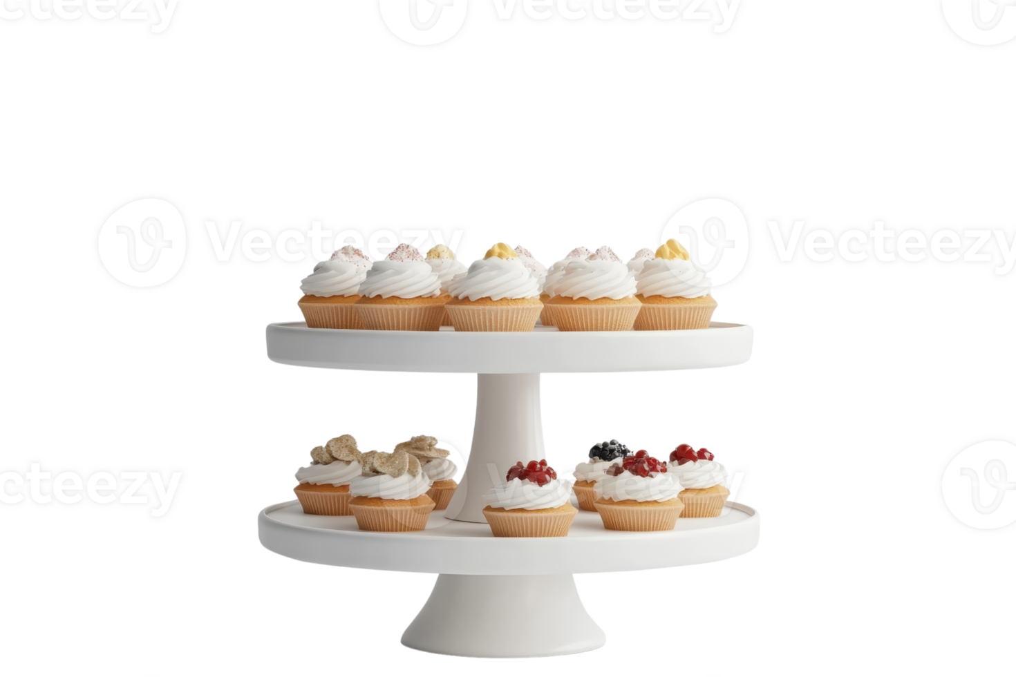 Delicious cupcakes arranged on a tiered white stand, topped with colorful frosting and fruit, perfect for celebrations and parties. png