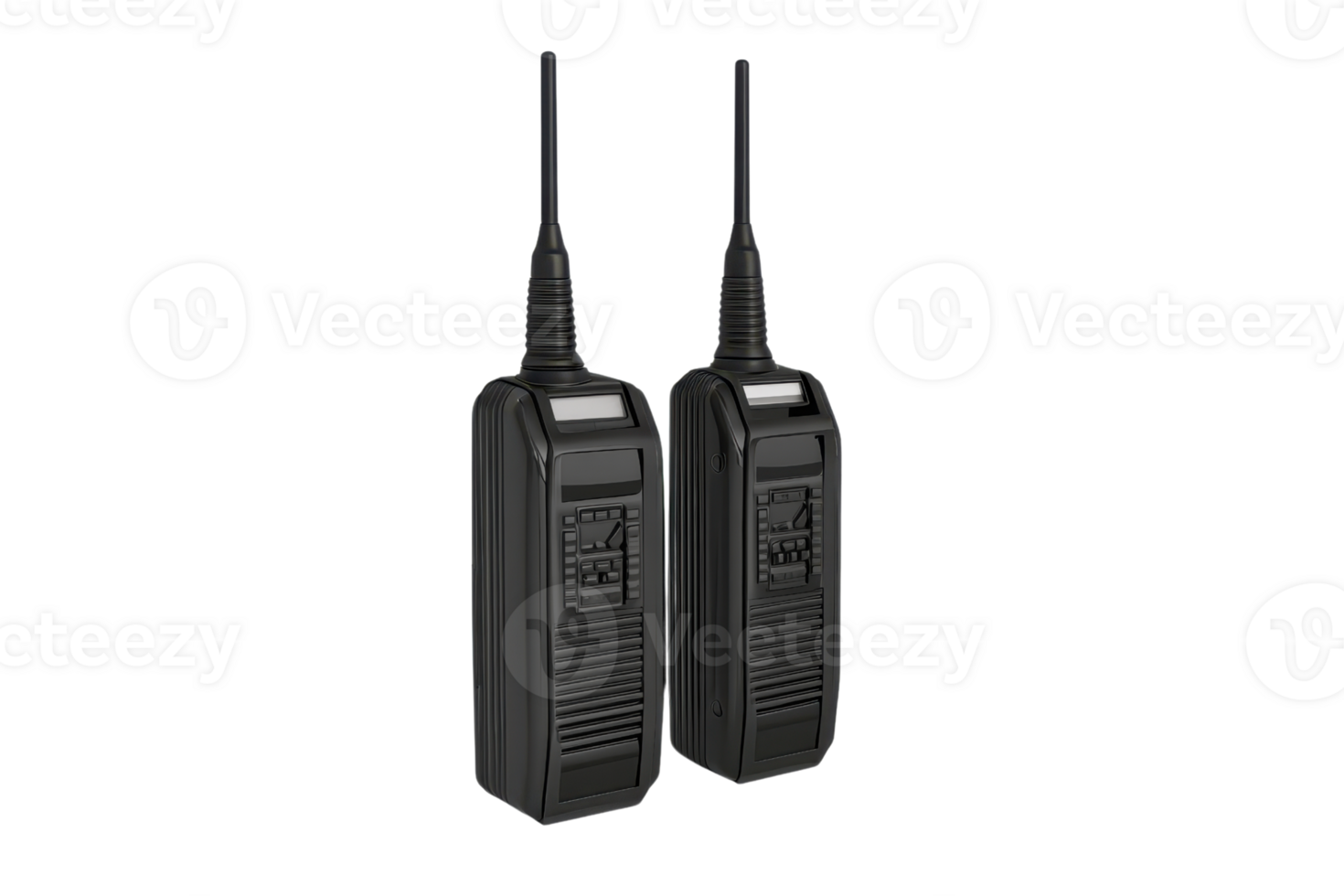 Pair of black walkie talkies with antennas, ideal for communication over short distances. Perfect for outdoor activities and security purposes. png