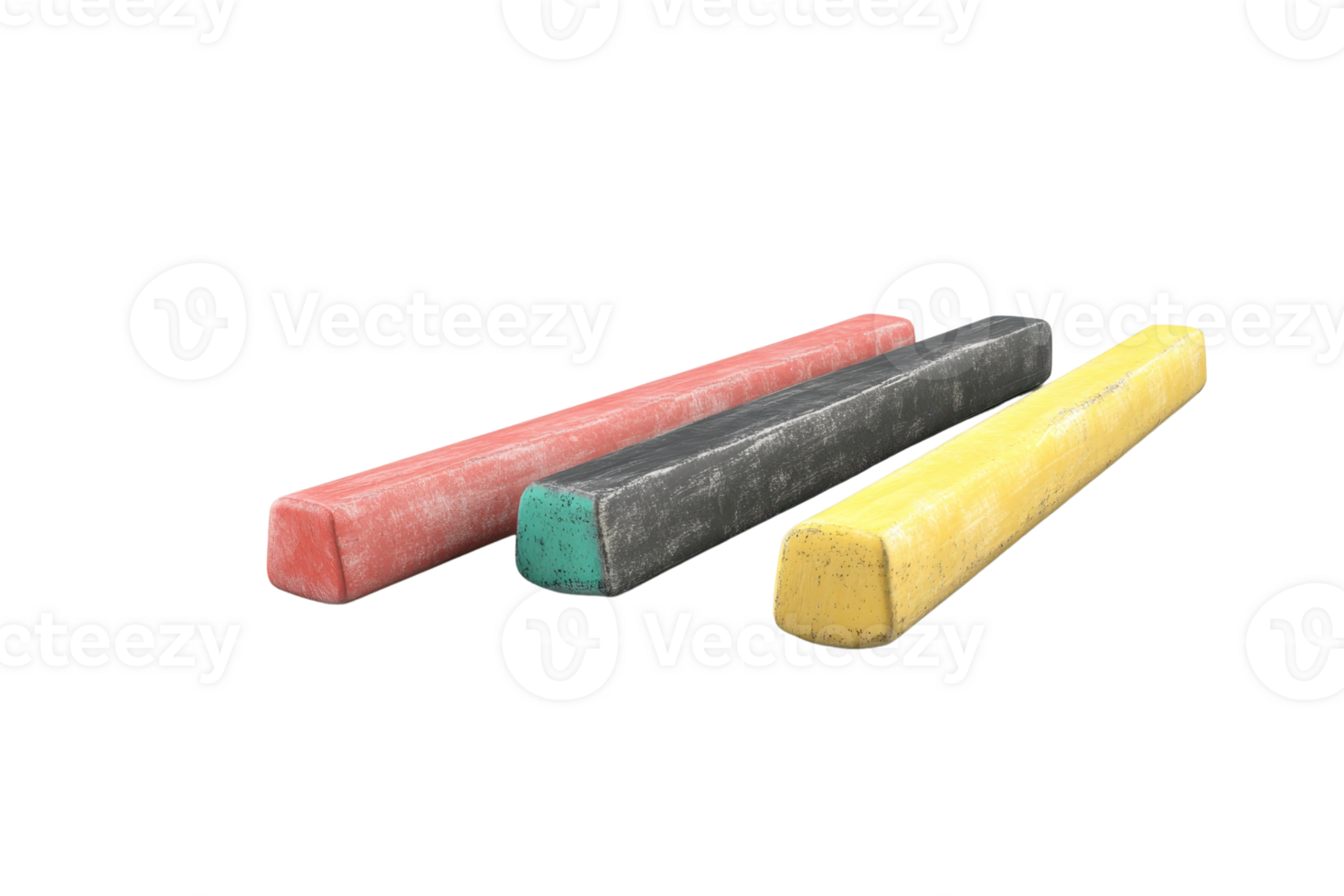 Four colorful sticks of chalk isolated on a clean transparent background. Perfect for school, art, education, and classroom-related projects. png