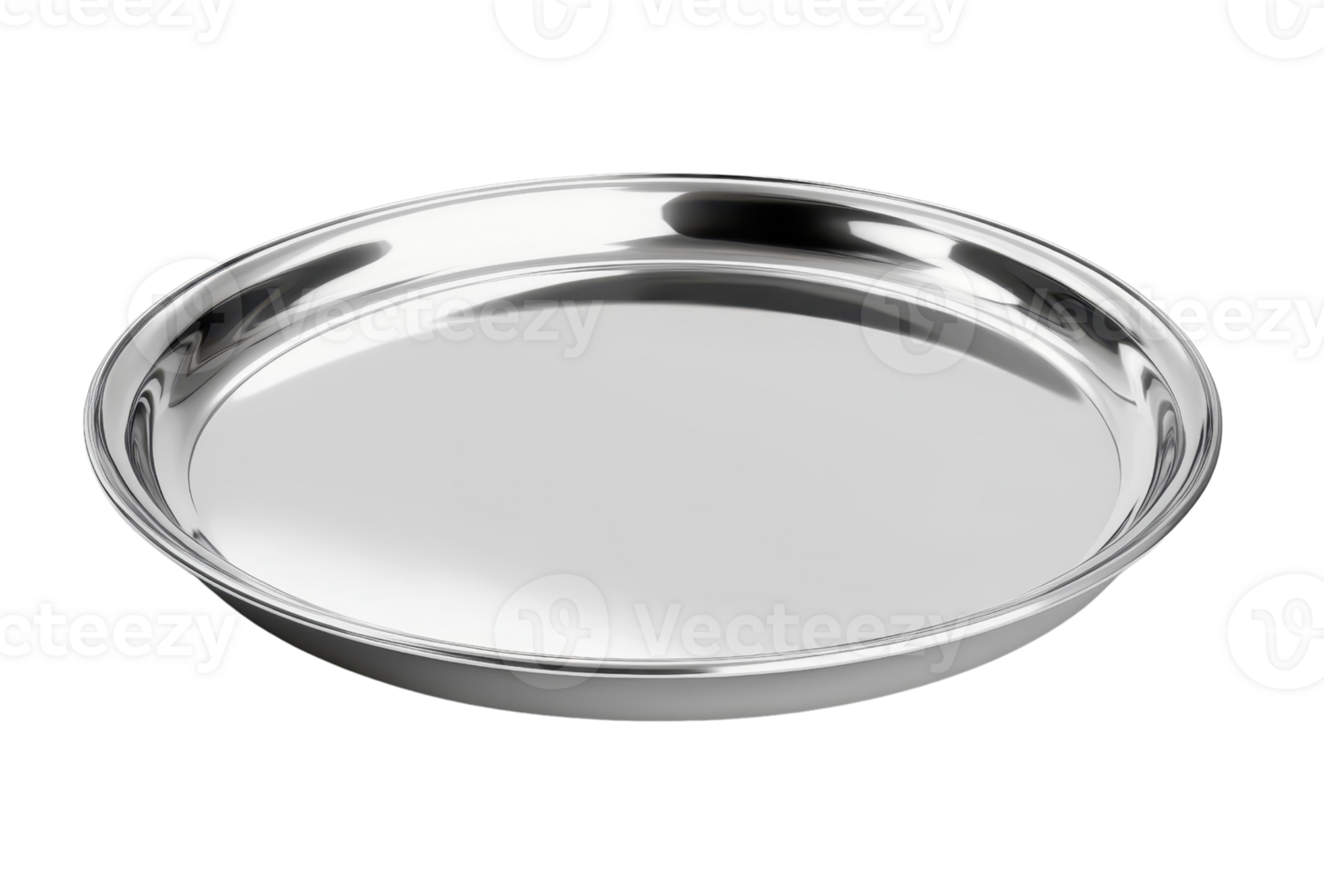 Shiny stainless steel round tray with reflective surface, useful for serving food or as a decorative centerpiece in various settings. png