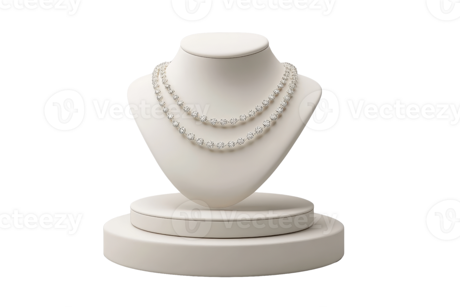 Elegant pearl necklace displayed on a white jewelry bust, perfect for showcasing exquisite fashion accessories and luxury jewelry items. png