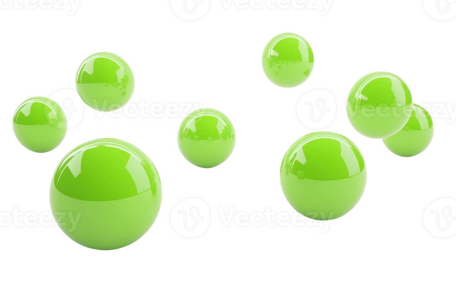 Bright green glossy spheres floating against a transparent background. creating a modern and dynamic abstract composition. png