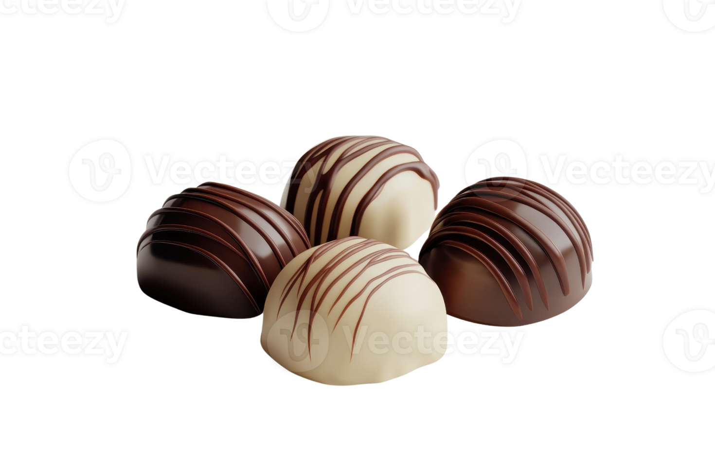 Assorted gourmet chocolates on a plain background, showcasing various flavors and delicate designs, perfect for dessert and confectionery themes. png