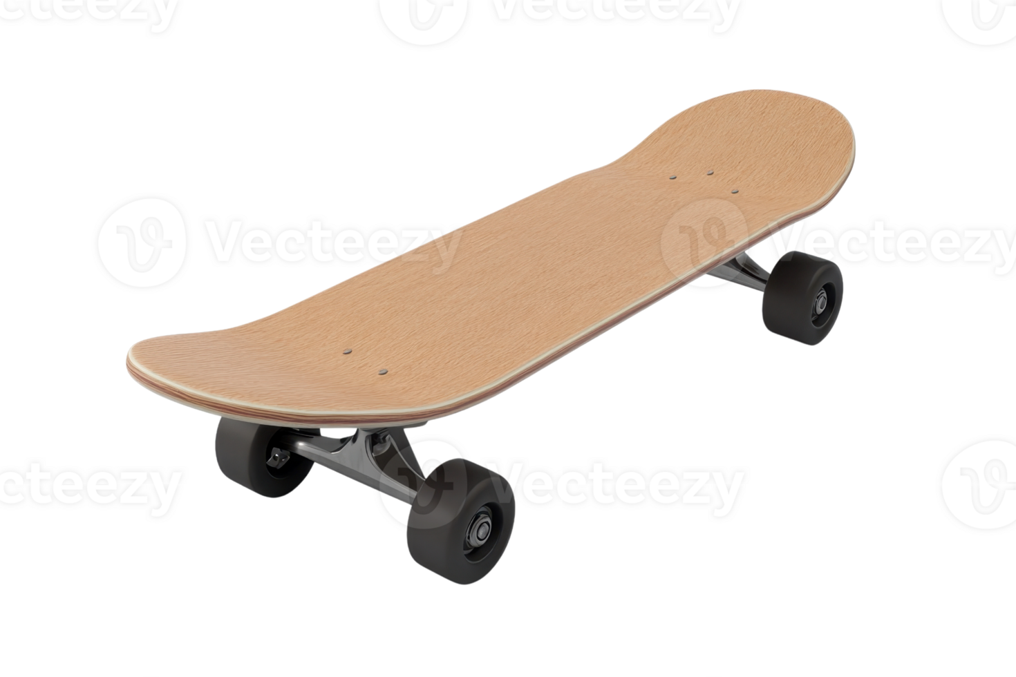 A modern, blank wooden skateboard with black wheels, perfect for skaters and extreme sports enthusiasts. Ready for customization and tricks. png
