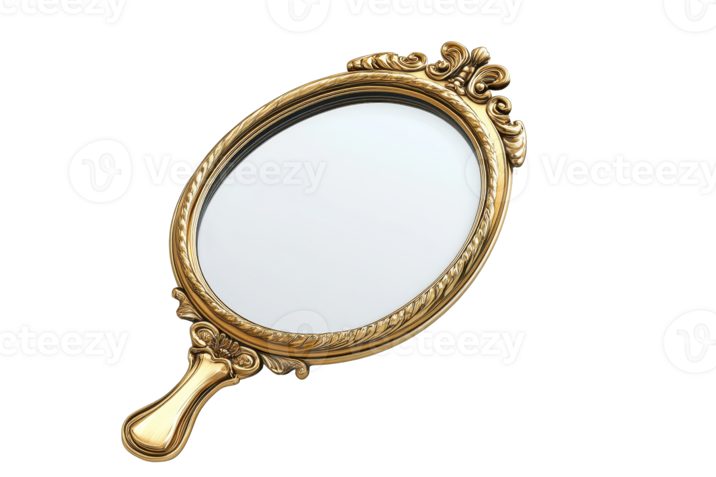 Elegant vintage hand mirror with intricate gold frame. Perfect for adding a touch of antique charm to any vanity or dressing table. png