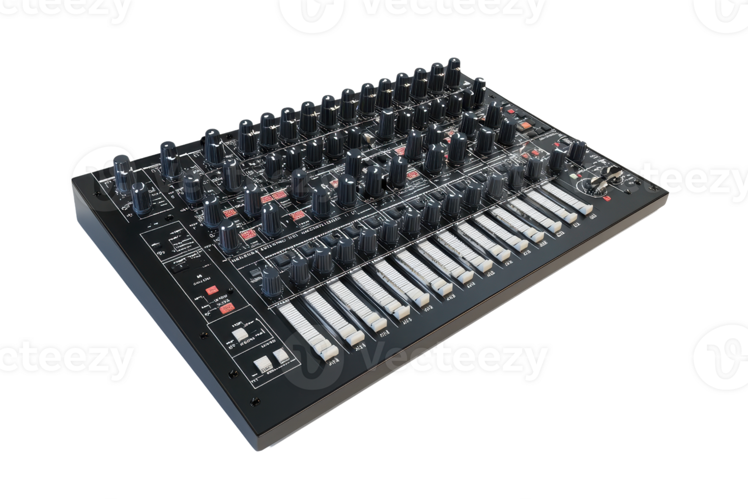 High-quality synthesizer with numerous knobs and keys, perfect for music production and sound design enthusiasts. png