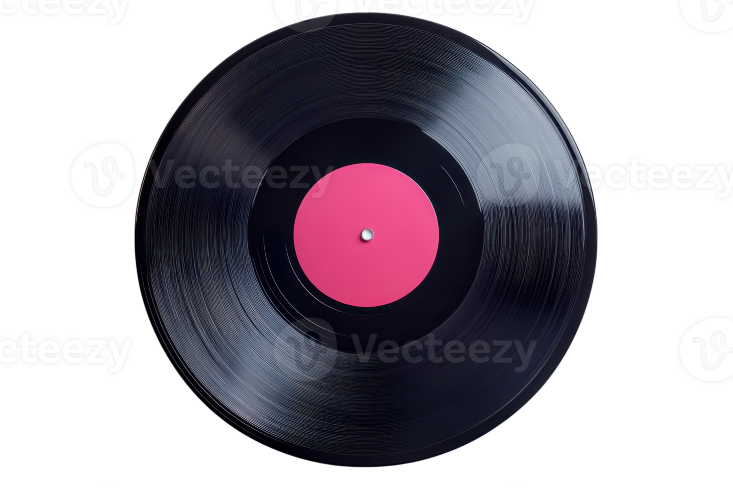Close up of a vintage vinyl record with a pink center on a transparent background. Classic music medium showcasing retro audio technology. png