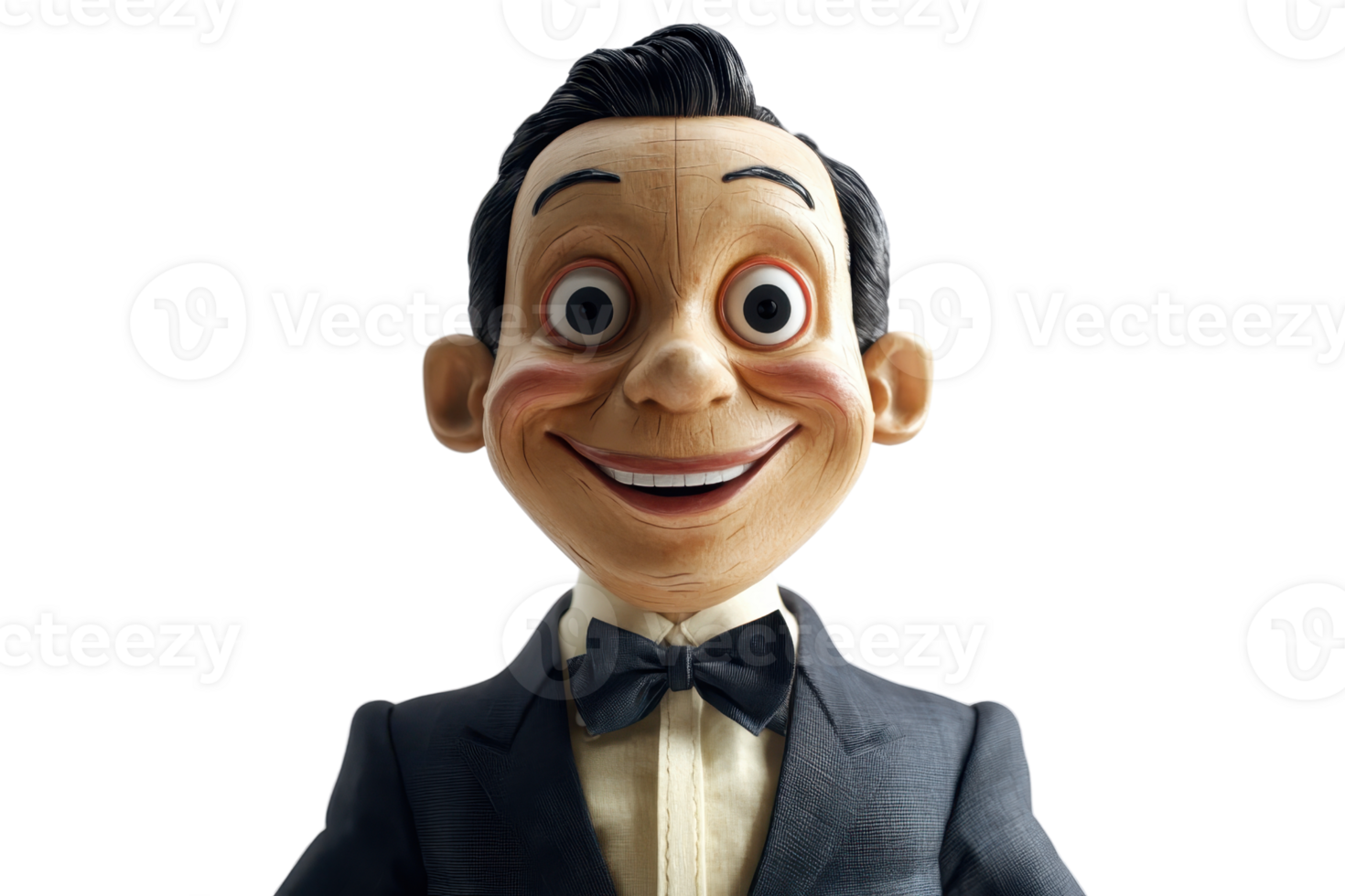 Close-up view of a smiling ventriloquist dummy in a formal suit and bow tie, isolated on a transparent background. png