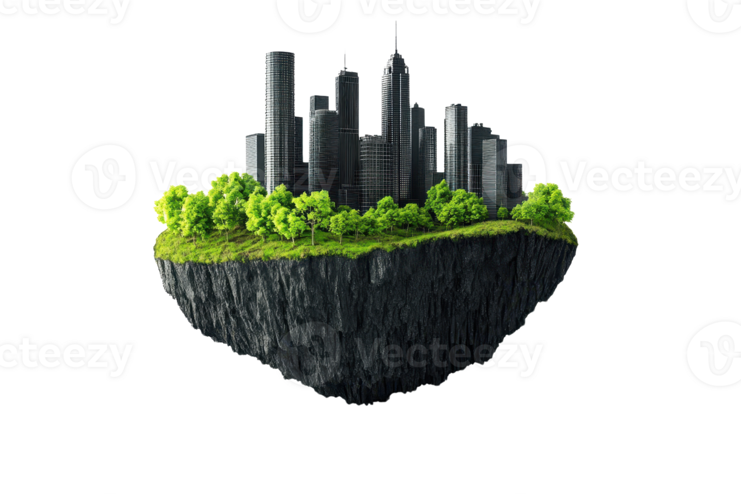 Floating island with modern cityscape and greenery, representing urbanization and nature balance. Unique and imaginative concept art. png
