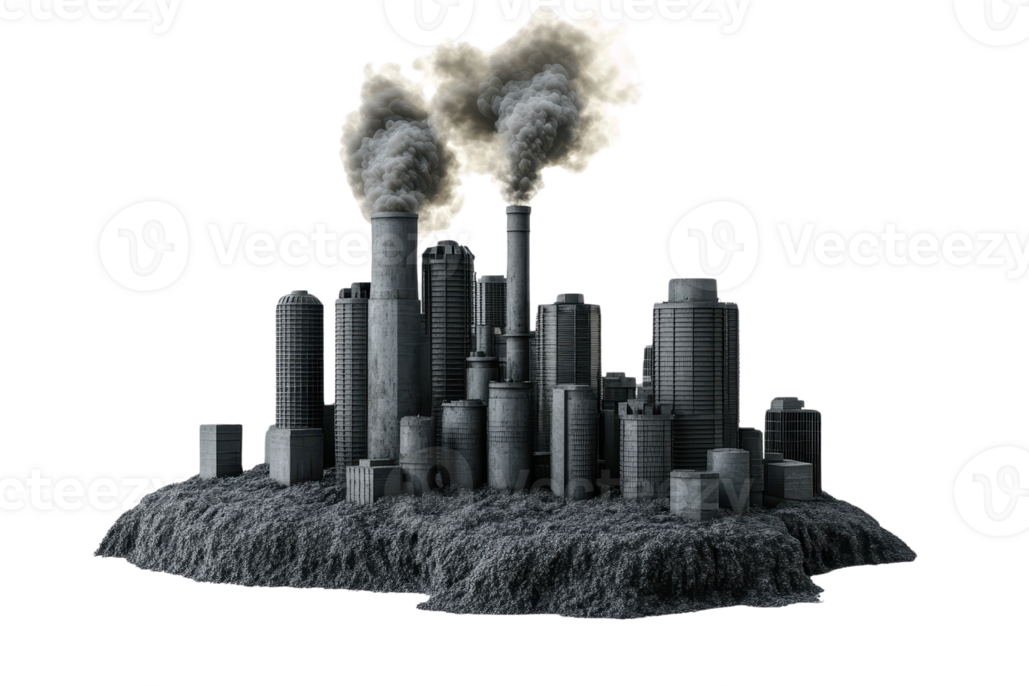 Industrial factory with smoke stacks emitting heavy pollution. Illustrates environmental impact of industrial activities. png