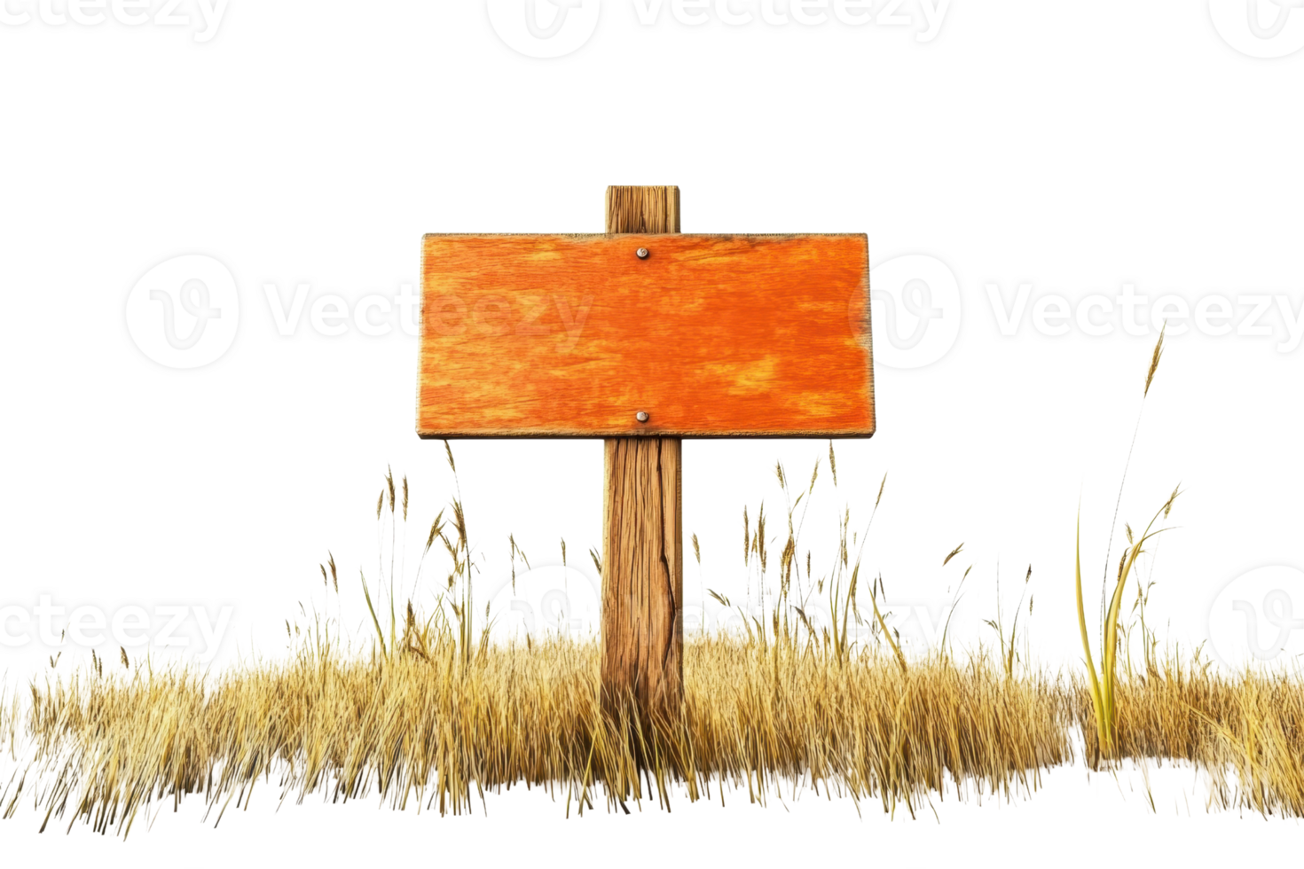 Empty wooden signpost in dry, grassy field. Ideal for adding your own text or message. Rustic outdoor signage in natural setting. png