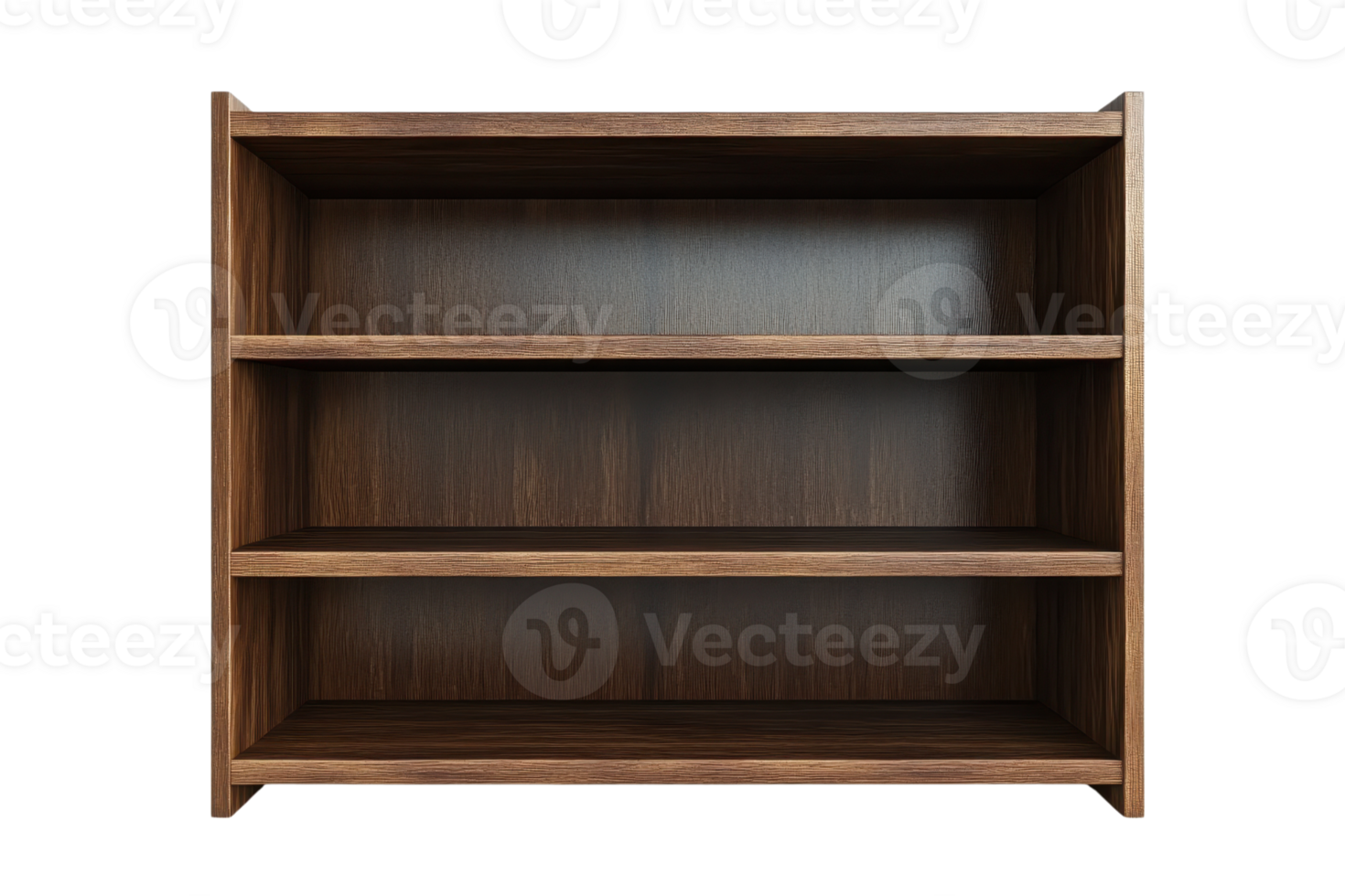 Empty wooden bookshelf with three shelves, suitable for organizing books and decor, isolated on a transparent background. png