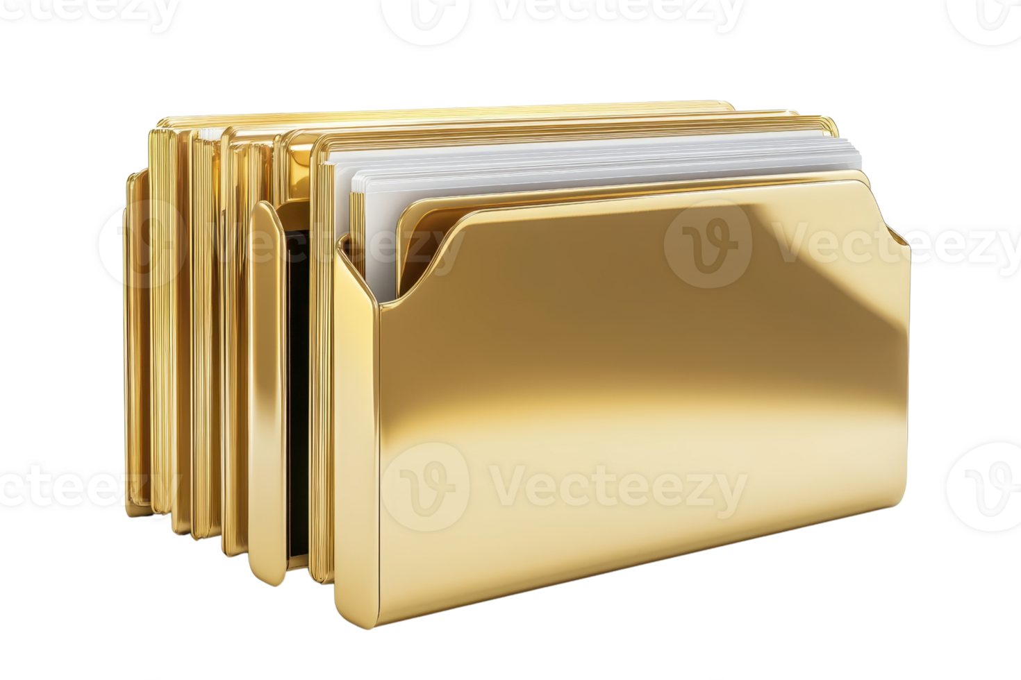 Golden file folders organized with documents for business or office purposes, showcasing a luxury and elegant storage solution. png