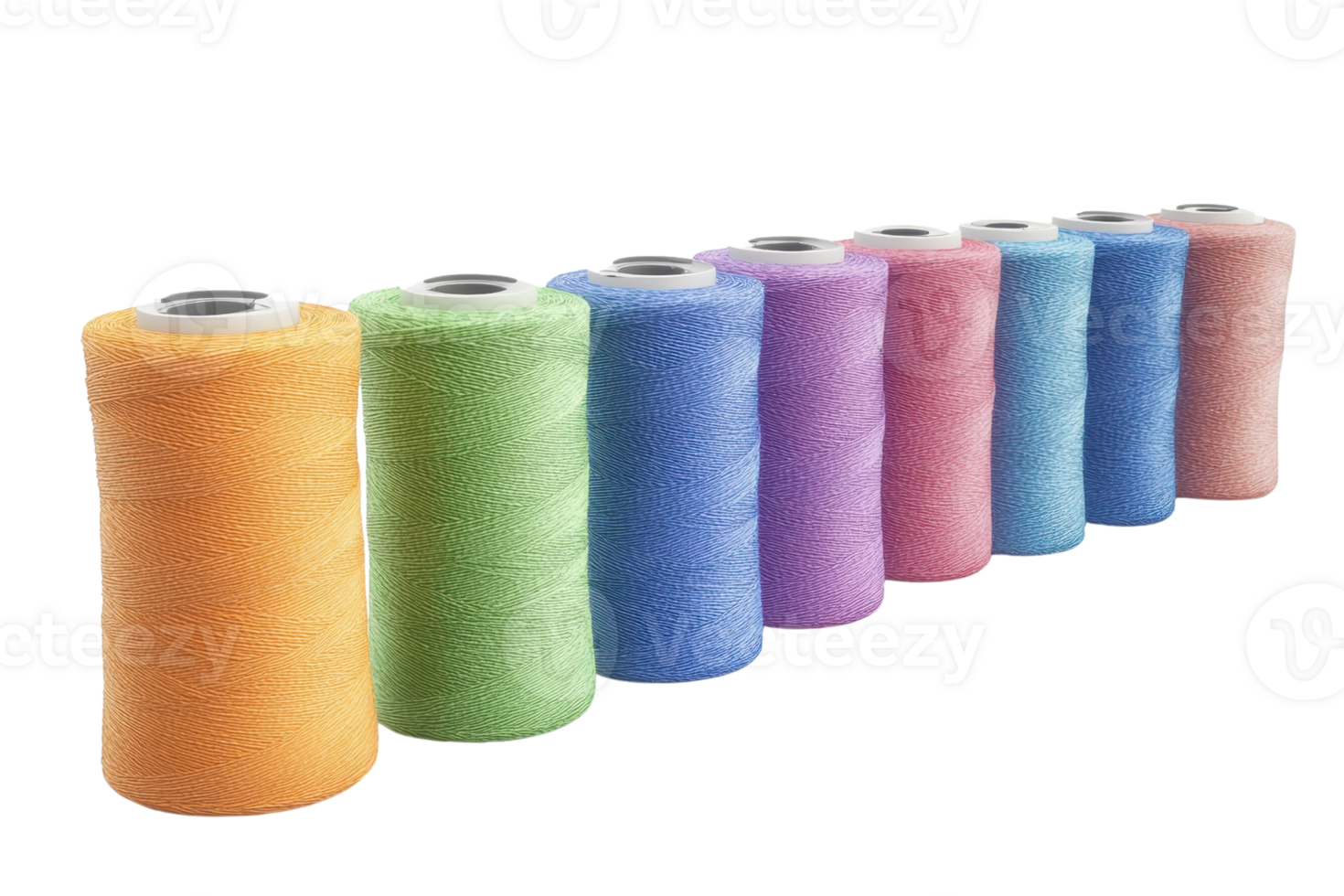 Colorful spools of sewing thread lined up in a row. Ideal for crafting, sewing, and textile projects. Vibrant and diverse colors. png