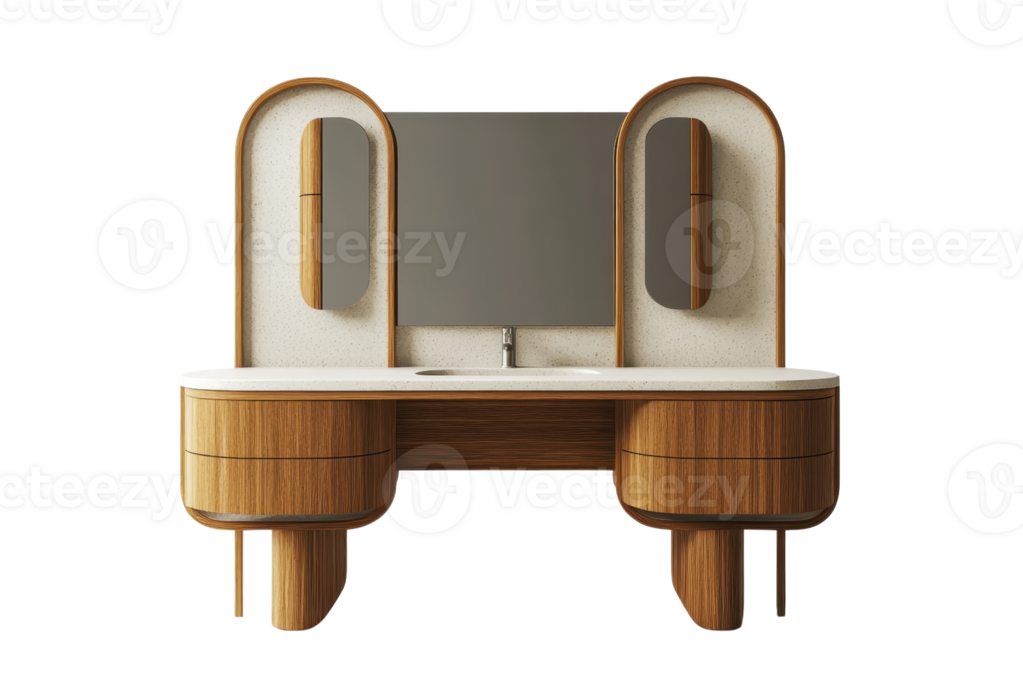 Modern double vanity with mirrors and storage, wood and white design, isolated on transparent background. perfect for contemporary bathrooms. png