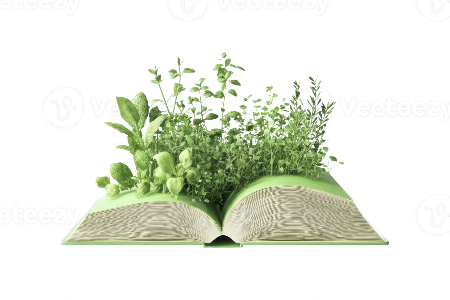 Open book with green plants growing from pages, symbolizing knowledge and nature combined in an imaginative concept. png