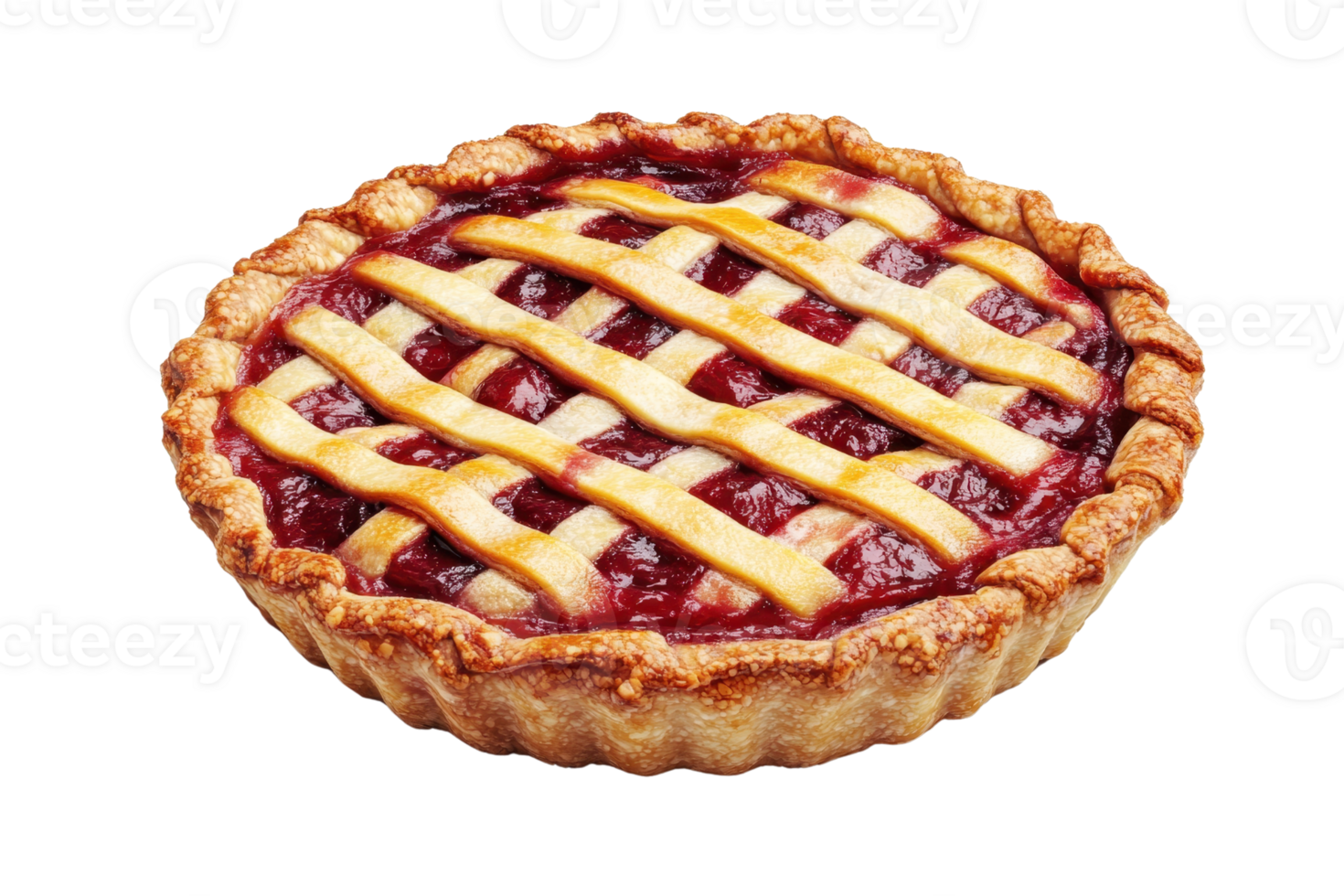Delicious homemade cherry pie with a beautifully crafted lattice crust, showcasing vibrant red cherry filling on a transparent background. png