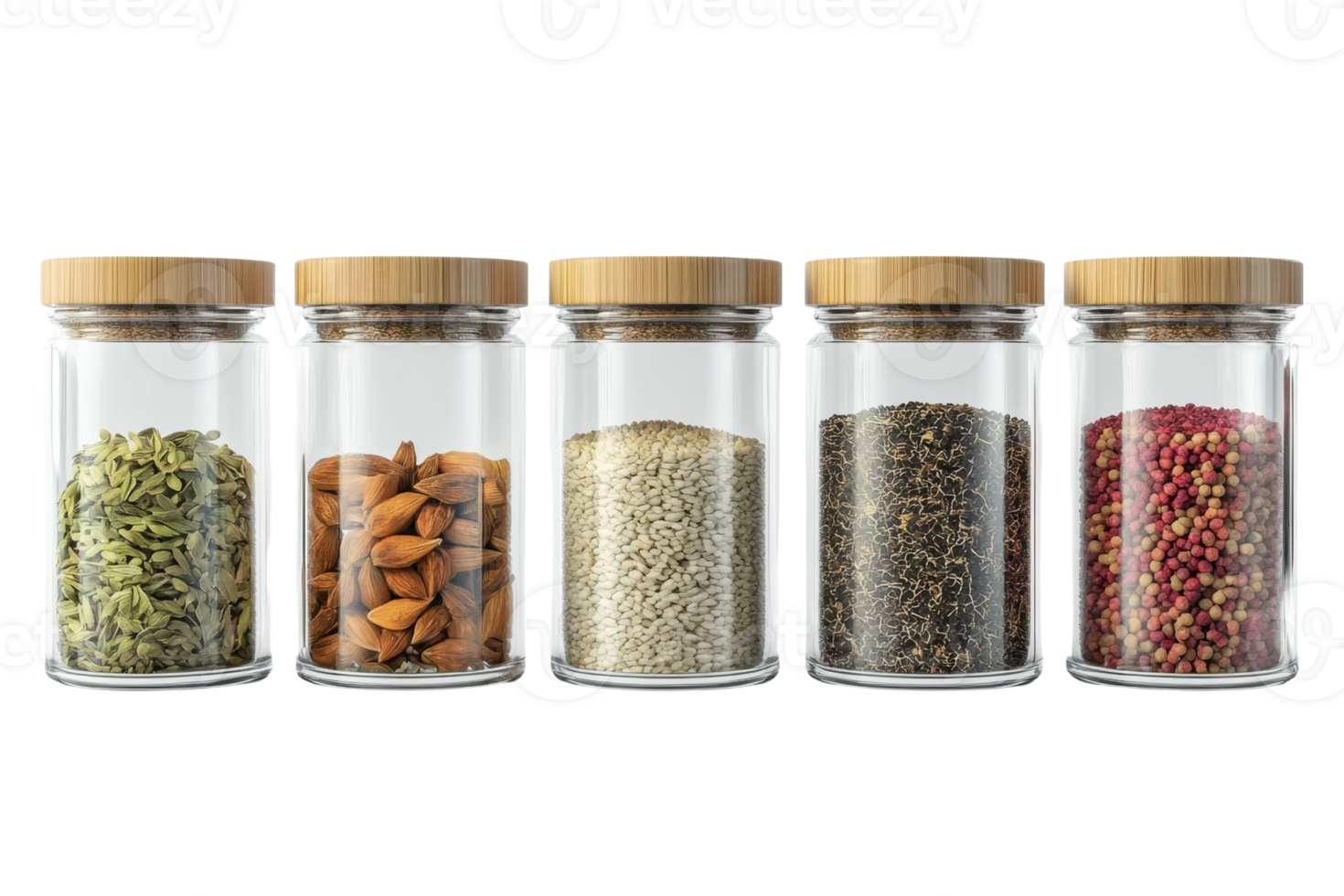 Set of clear glass jars with bamboo lids containing various spices and nuts, isolated on transparent background. perfect for kitchen storage. png