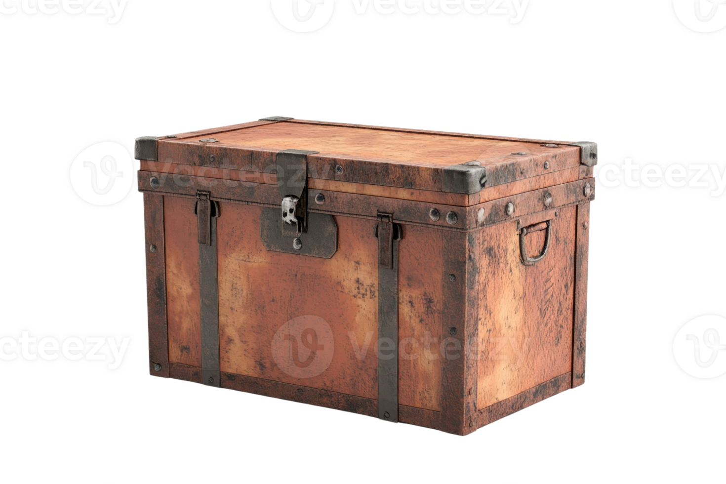 Rustic vintage chest with metal accents and a lock, perfect for storage or as a decorative piece. Antique box with a weathered look. png
