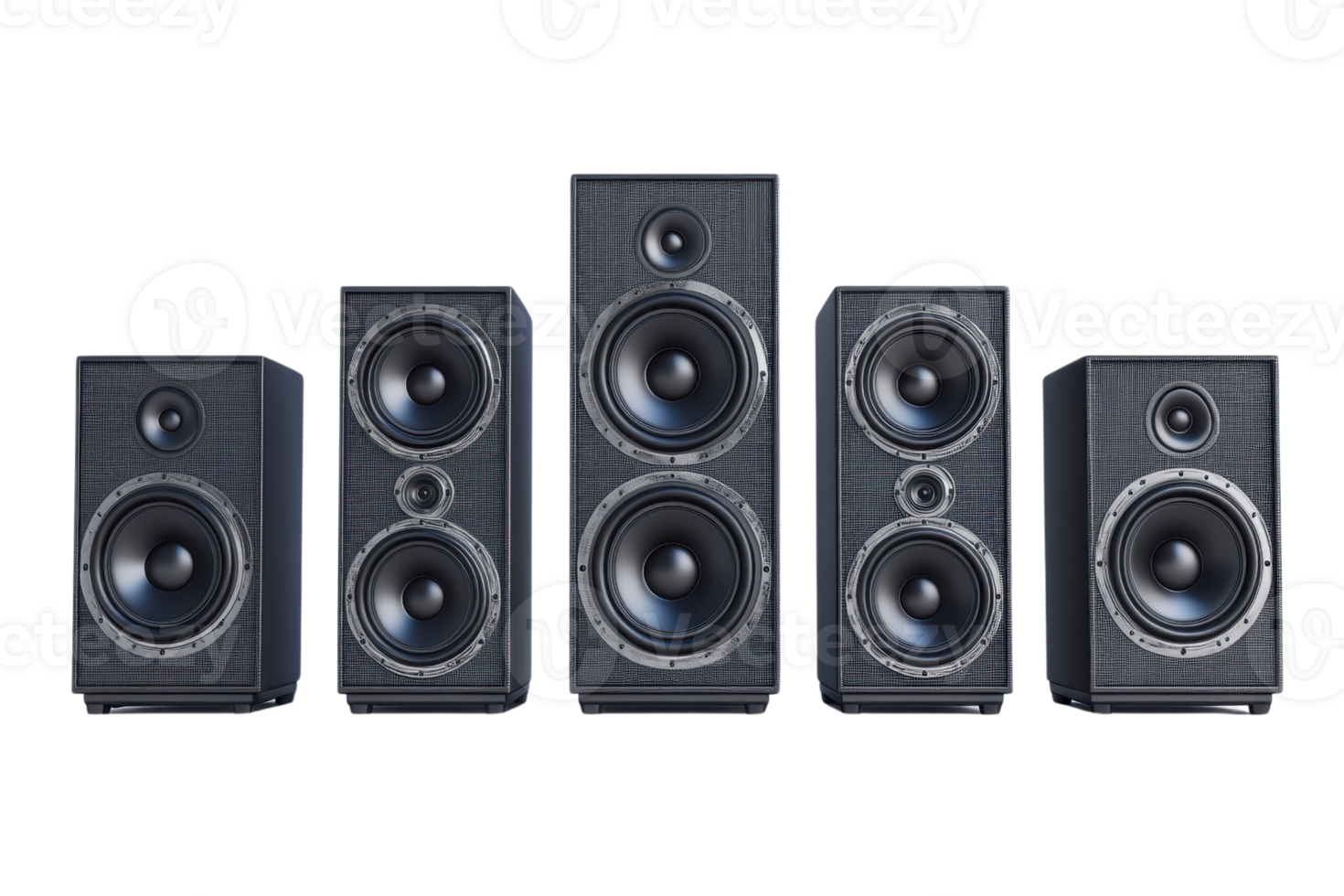 Set of five black speakers arranged in a row, perfect for home audio systems, delivering high-quality sound for an immersive listening experience. png