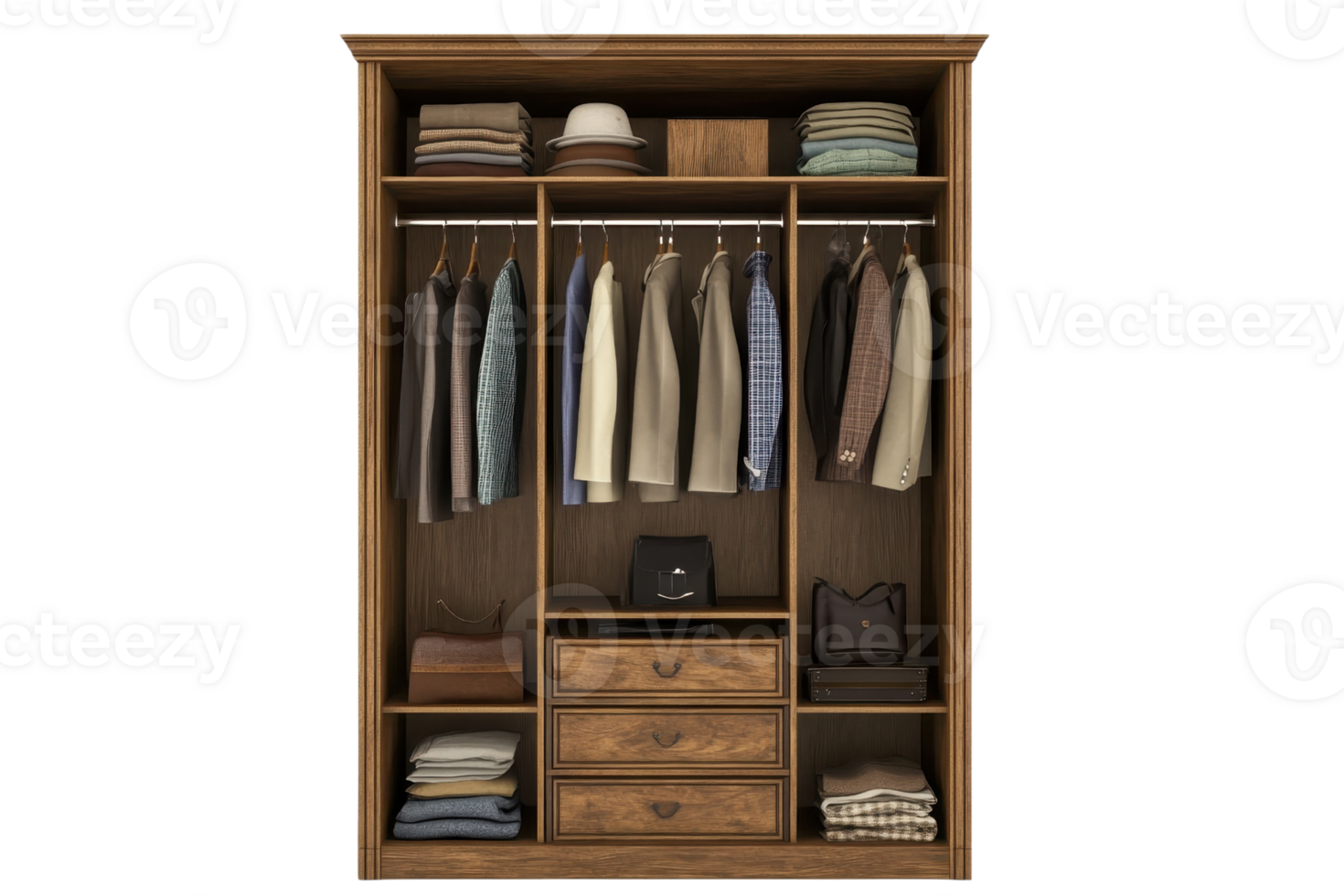 Organized wooden wardrobe with clothes, hats, and bags neatly arranged on shelves and hangers, showcasing clutter-free storage. png