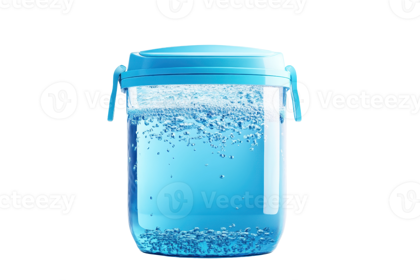 Transparent blue plastic container with water and bubbles, isolated on a transparent background. Ideal for storage or scientific purposes. png