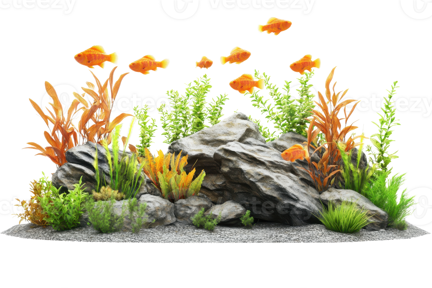 A vibrant aquarium scene featuring colorful fish, lush plants, and rock decorations, perfect for aquatic enthusiasts and nature lovers. png