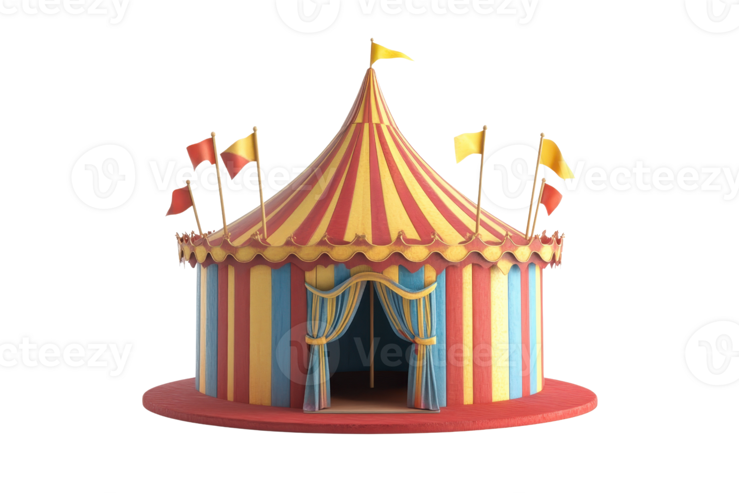 Colorful circus tent with flags on a transparent background. Bright and festive, perfect for entertainment and carnival themes. png