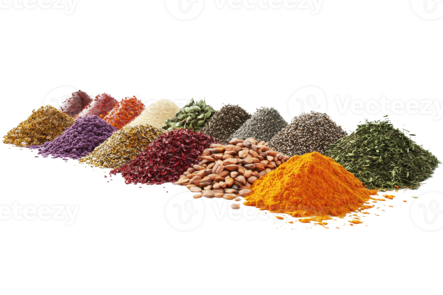 A diverse assortment of spices and herbs arranged in neat piles, showcasing vibrant colors and textures, perfect for culinary and cooking themes. png
