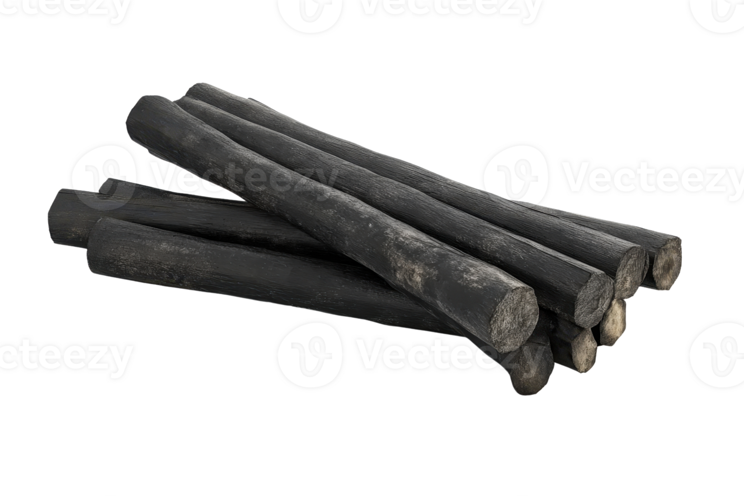 A close-up of several pieces of natural, black wood charcoal sticks used for grilling, cooking, or art purposes, isolated on a transparent background. png