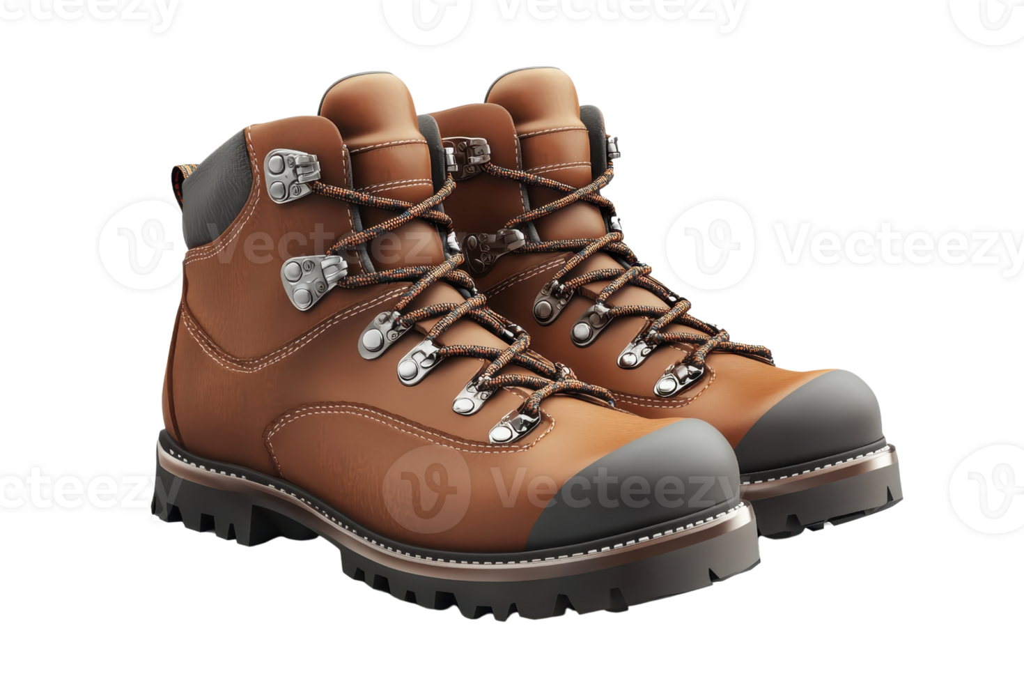 Pair of brown leather hiking boots with sturdy soles and metal eyelets, perfect for outdoor adventures and rough terrains. png