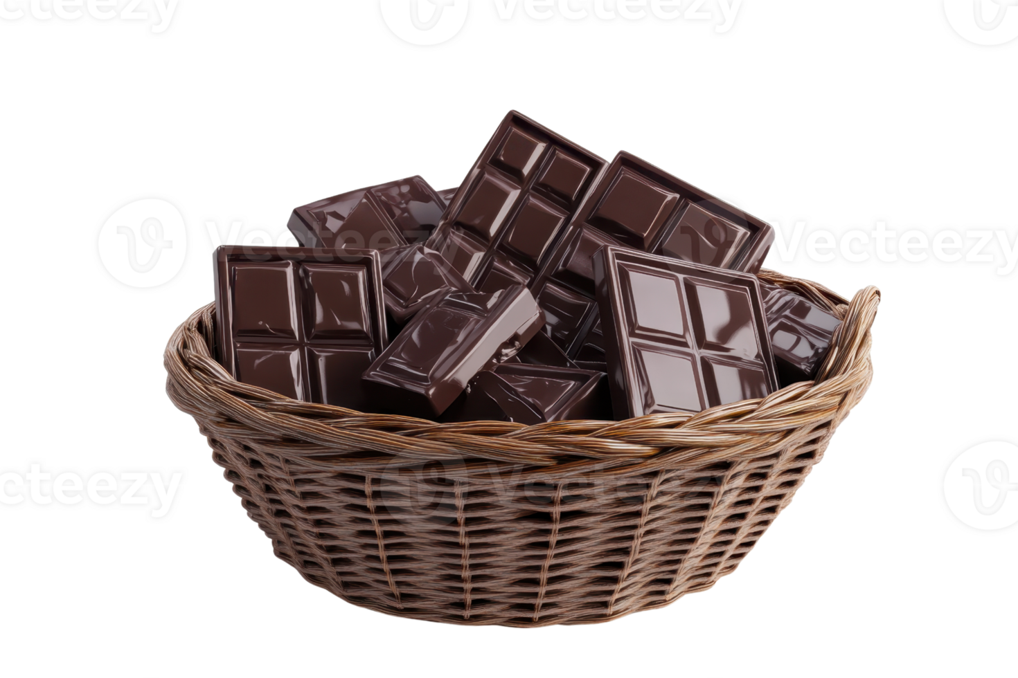 Basket filled with assorted dark chocolate bars, isolated on white. Perfect for dessert, gift, and gourmet themes. png