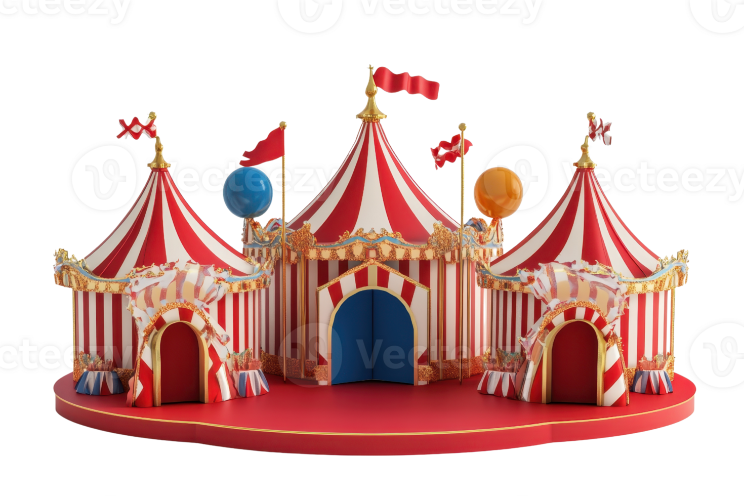 Colorful circus tent illustration with red and white stripes, festive flags, and balloons, creating a cheerful and playful atmosphere. png