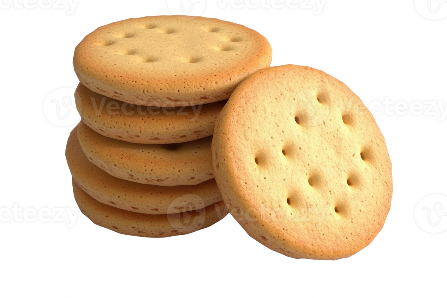 Stack of tasty golden brown round biscuits with holes, isolated on transparent background. Perfect for snack and bakery concepts. png