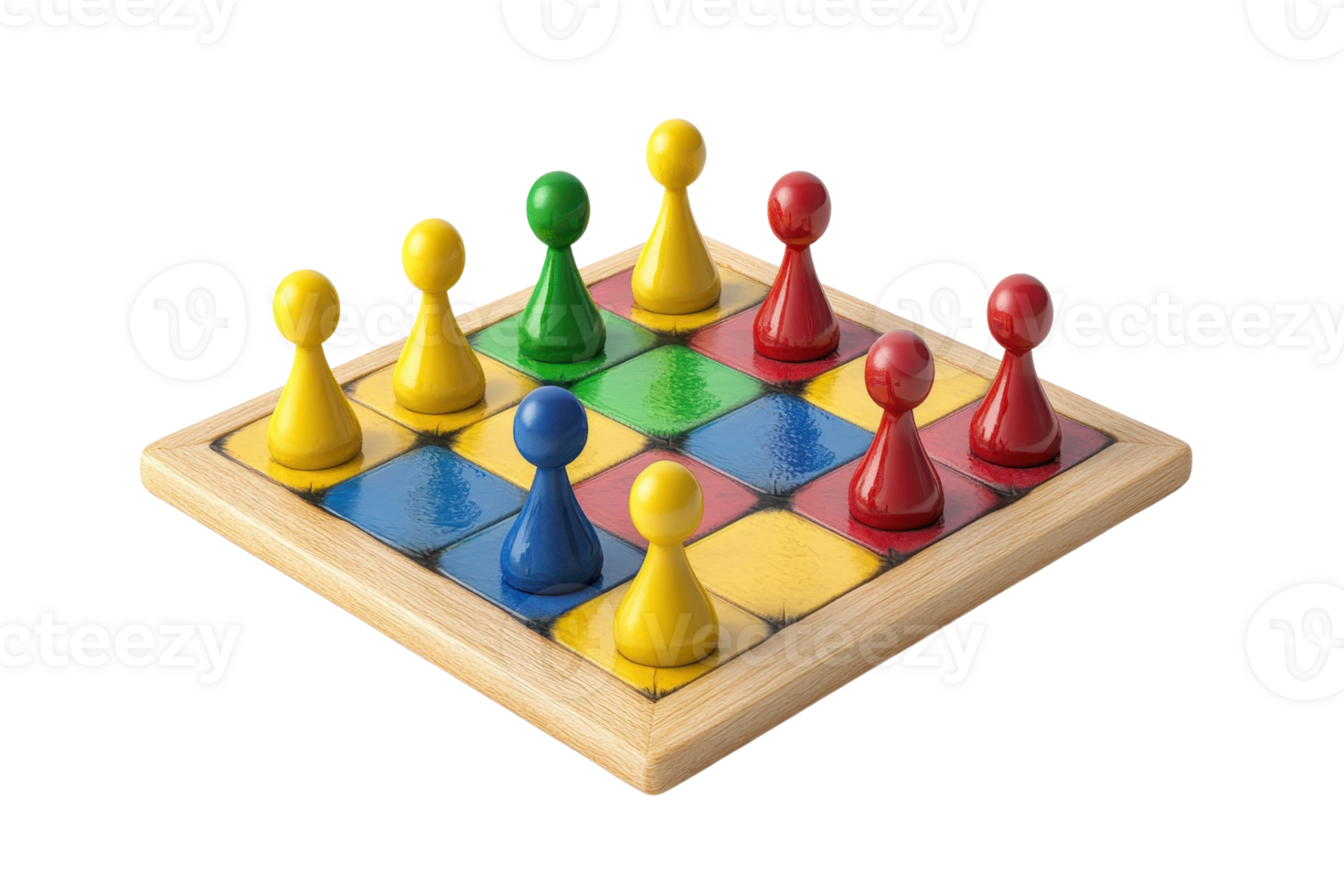 Colorful board game pieces arranged strategically on a wooden grid. Perfect for educational or recreational activities. png